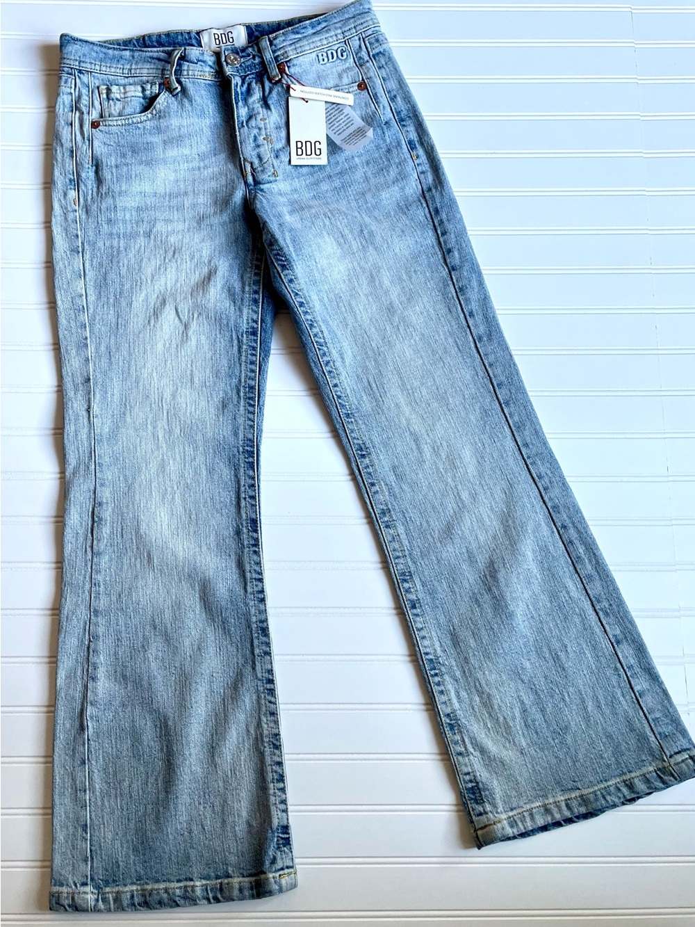 NEW BDG Button Fly Wide Leg Flare Jeans Light Blue Y2K 90s Embossed Logo NWT 27W